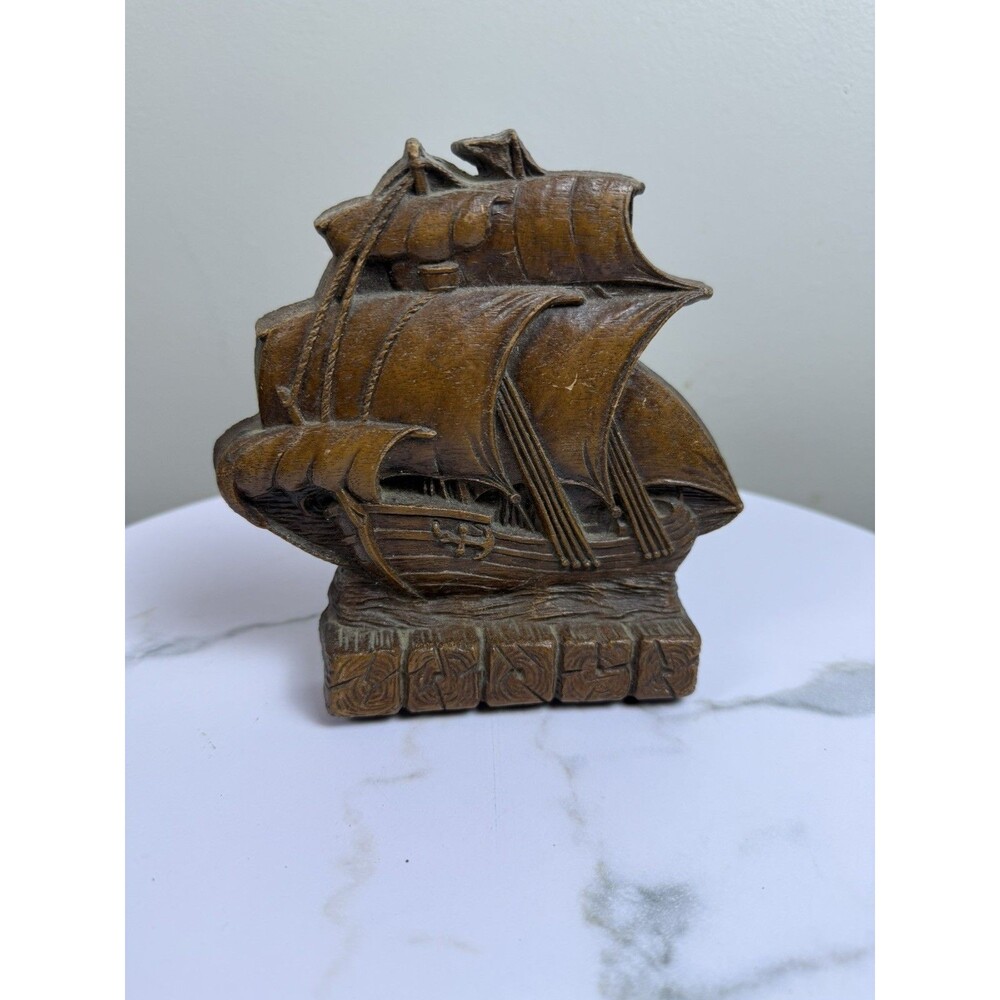 Vintage Ornawood Single Bookend Sailing Ship Nautical Made in USA Wood Carved